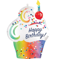 27" Happy Birthday Satin Cupcake SuperShape Foil Balloon - Balloons Bouquets and More