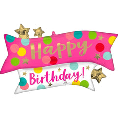 38" Satin Happy Birthday Pink Confetti Foil Balloon - Balloons Bouquets and More