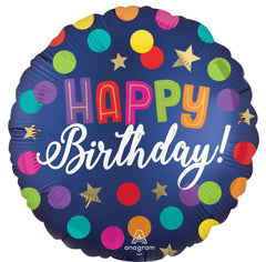 18” Satin Happy Birthday Blue Confetti Balloon - Balloons Bouquets and More