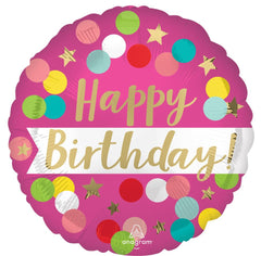 18” Satin Happy Birthday Pink Confetti Balloon - Balloons Bouquets and More