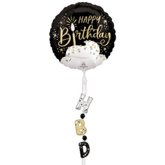 AirWalker Tail Satin Black Silver Gold Happy Birthday Balloon 24 x 69 - Balloons Bouquets and More