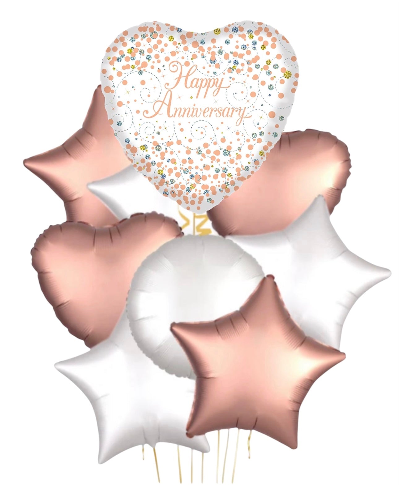 Sparkling Fizz Happy Anniversary White & Rose Gold Foil Balloon Bouquet 9pc