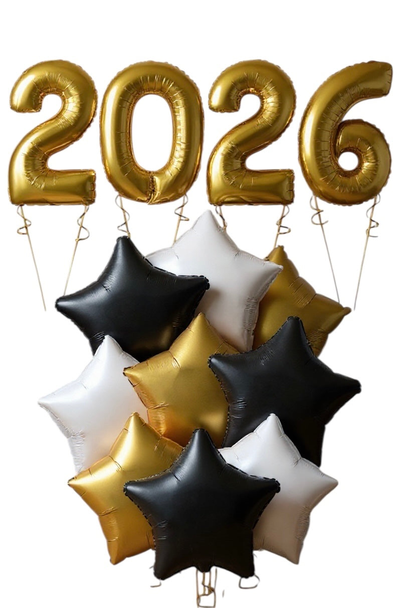 Gold 2026 9pc Star Balloon Bouquet