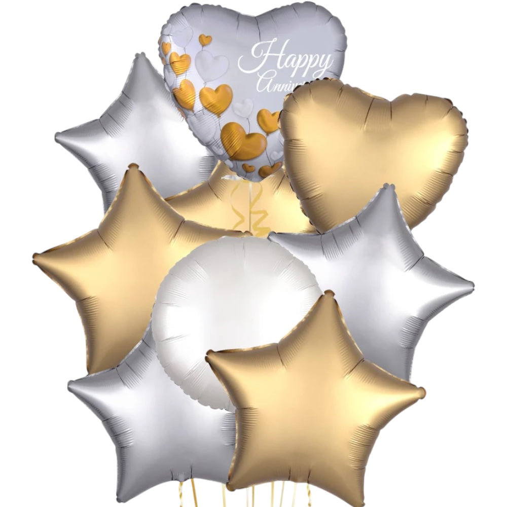 Anniversary Platinum Hearts 9pc Balloon Bouquet