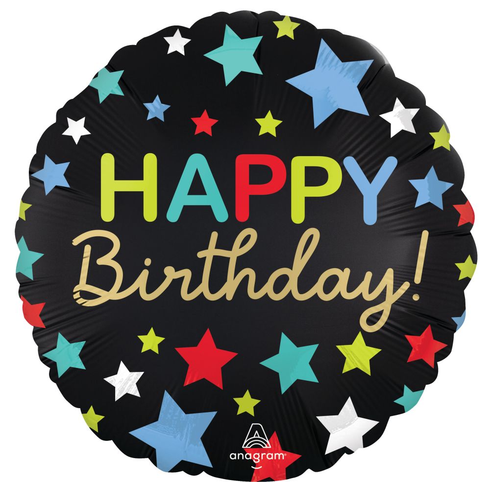 18” Satin Happy Birthday Stars Balloon - Balloons Bouquets and More