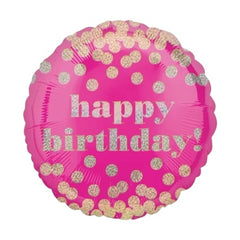 18” Metallic Dots Pink Happy Birthday Balloon - Balloons Bouquets and More