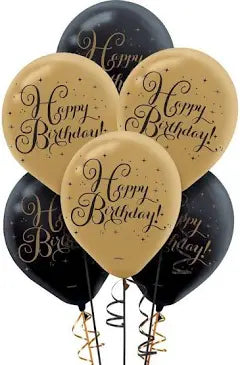Gold and Black Happy Birthday Latex Balloon Bouquet 6pc