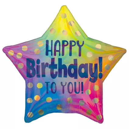 18” Iridescent Gold Dot Happy Birthday Star Foil Balloon - Balloons Bouquets and More