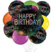 Let's Glow Crazy Happy Birthday 9 pc Foil Balloon Bouquet