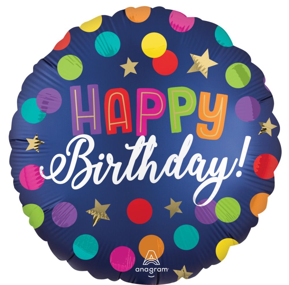 18” Satin Happy Birthday Blue Confetti Balloon - Balloons Bouquets and More