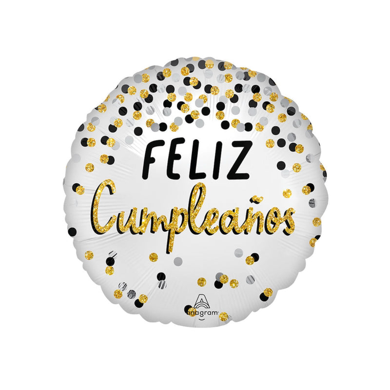18" Black Silver Gold Feliz Cumpleanos (Spanish) Foil Balloon - Balloons Bouquets and More