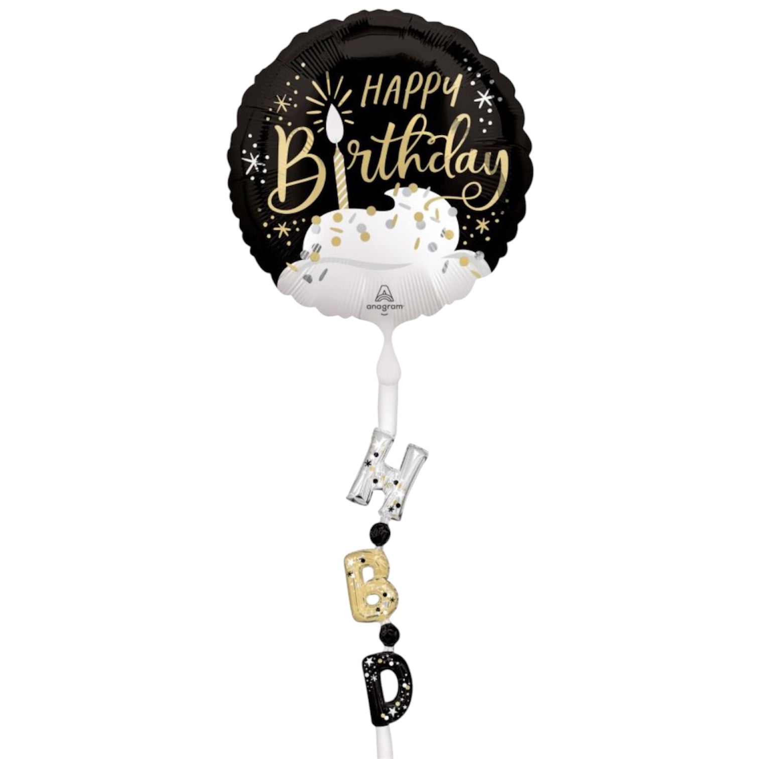 AirWalker Tail Satin Black Silver Gold Happy Birthday Balloon 24 x 69 - Balloons Bouquets and More