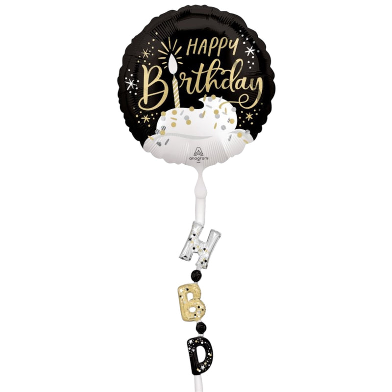AirWalker Tail Satin Black Silver Gold Happy Birthday Balloon 24 x 69 - Balloons Bouquets and More